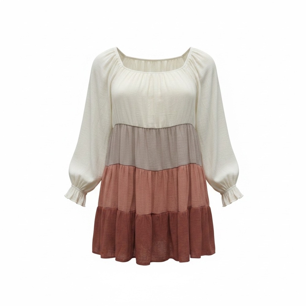 Sweet Wanderer Colorblock Tiered Babydoll Mini Dress Size 2XL  Boho Gauze Cream